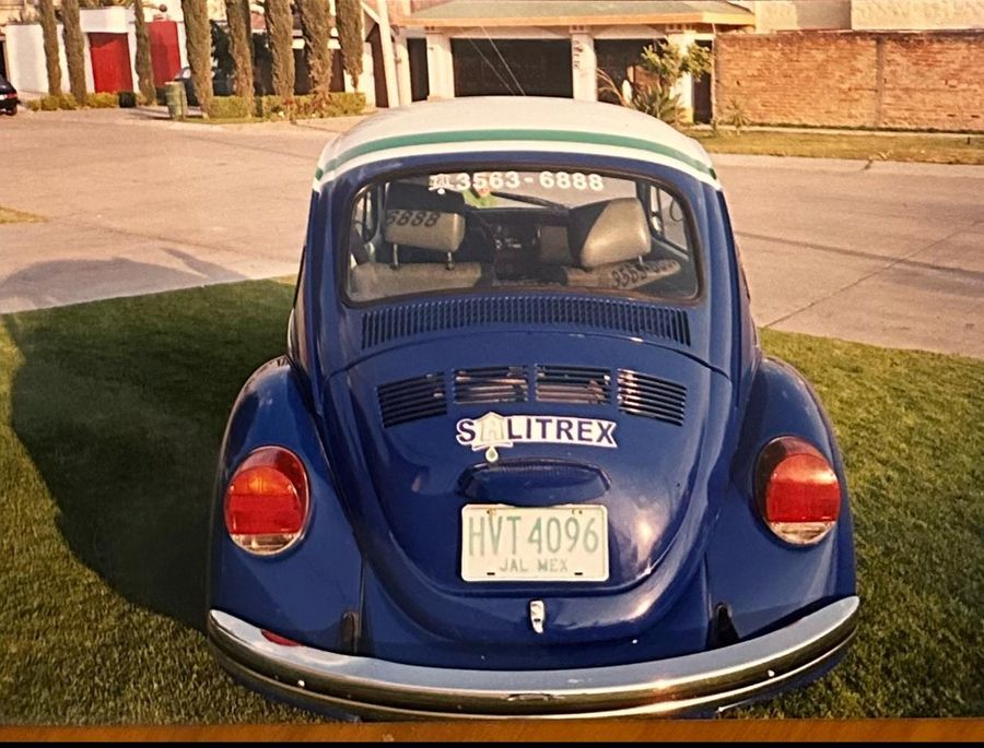 Parte trasera del vocho azul con el logo de Salitrex